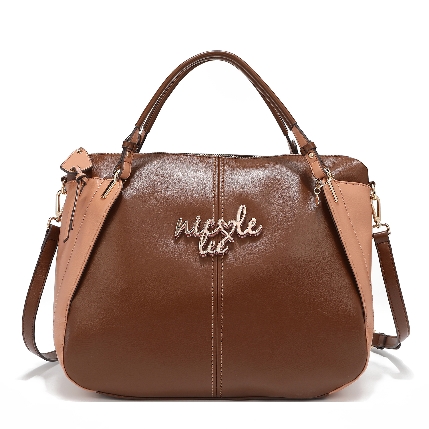 Bolsa de Mano Nicole Lee Bicolor con Placa color Café