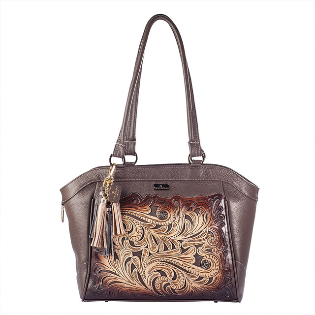 Bolso Tote Maya A Ángelozano Café Piel Cincelado Y Pintado A Mano