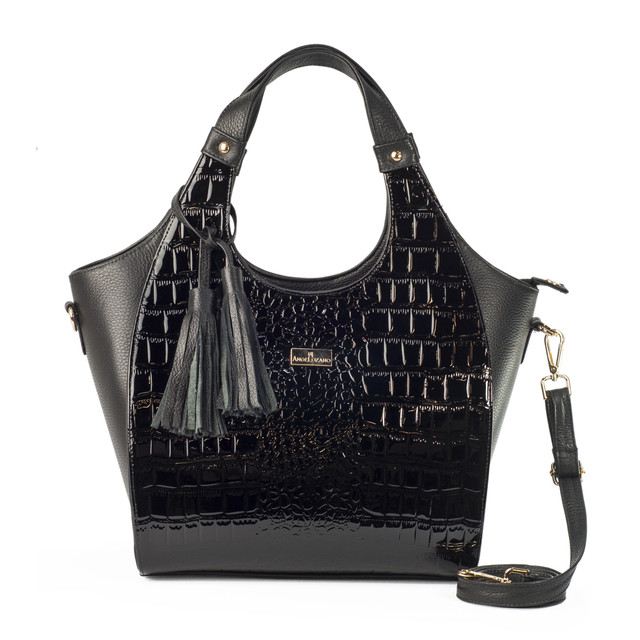 Bolso Tote Elisa A Ángelozano Negra Piel Charol Con Textura Cocodrilo