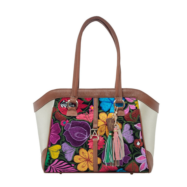 Bolso Tote A Ángelozano Modelo Maya De Piel Telar Artesanal  Flores Color Oro Ligth