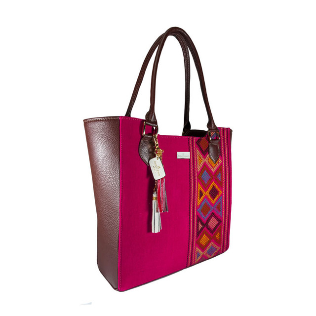 Foto 3 | Bolso Tote A Ángelozano Modelo Karmina De Piel Con Telar Artesanal Rombos Color Fiusha