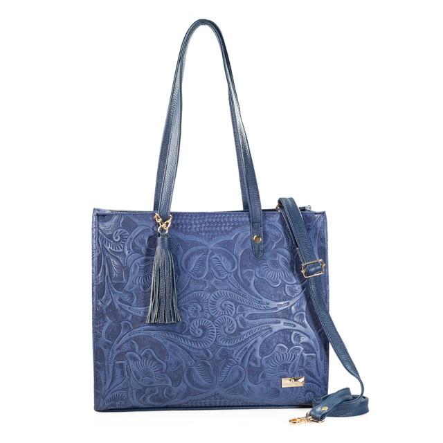 Bolso Tote A Ángelozano Modelo Leonora Piel Grabada Tipo Cincelado Color Azul