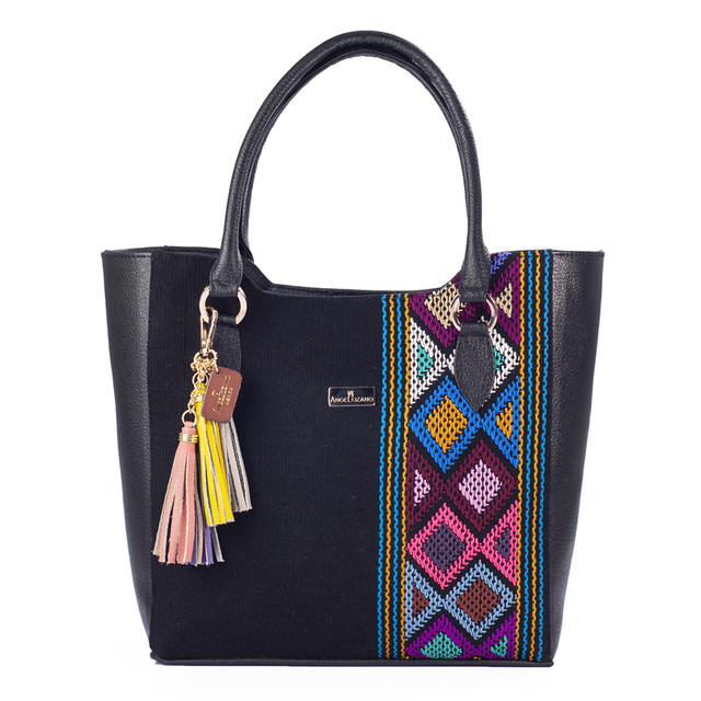 Bolso Tote A Ángelozano Modelo Karmina De Piel Con Telar Artesanal Rombos Color Negro