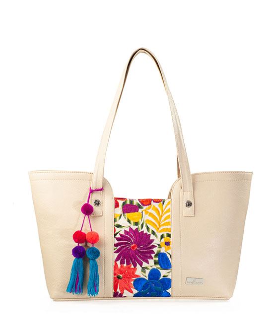 Bolso Tote A Ángelozano Modelo Mazatlán Piel Sintético Telar Flores Color Hueso