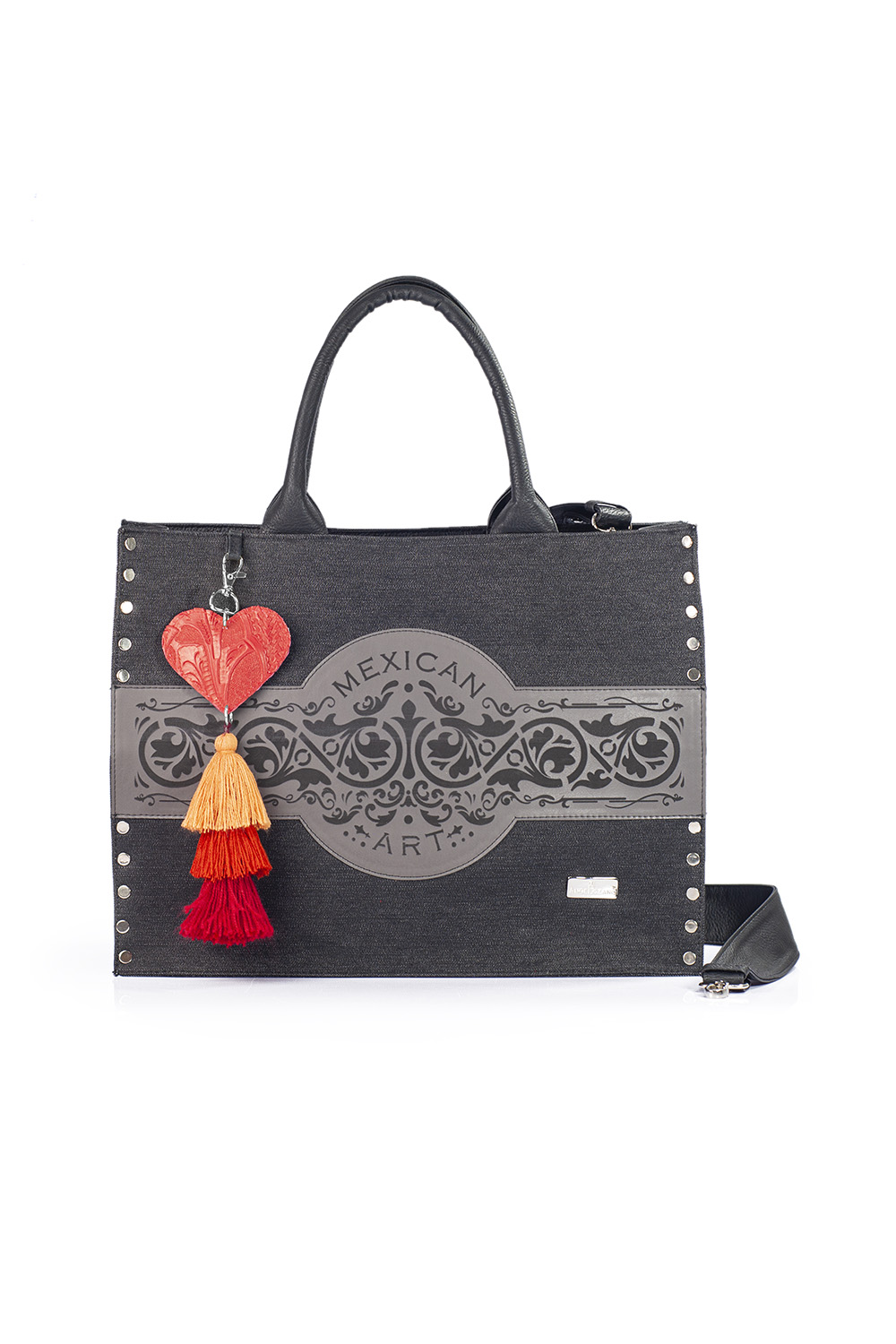 Bolso A Ángelozano de Mezclilla color Negro con Detalles de Corte Laser Débora para Mujer