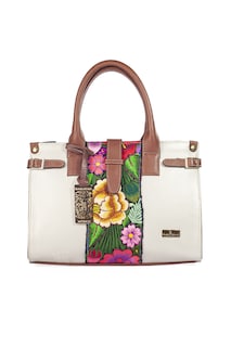 Foto 1 | Bolso Tote A Ángelozano De Piel Con Telar De Zinacantán,modelo Samantha Color Oro Ligth