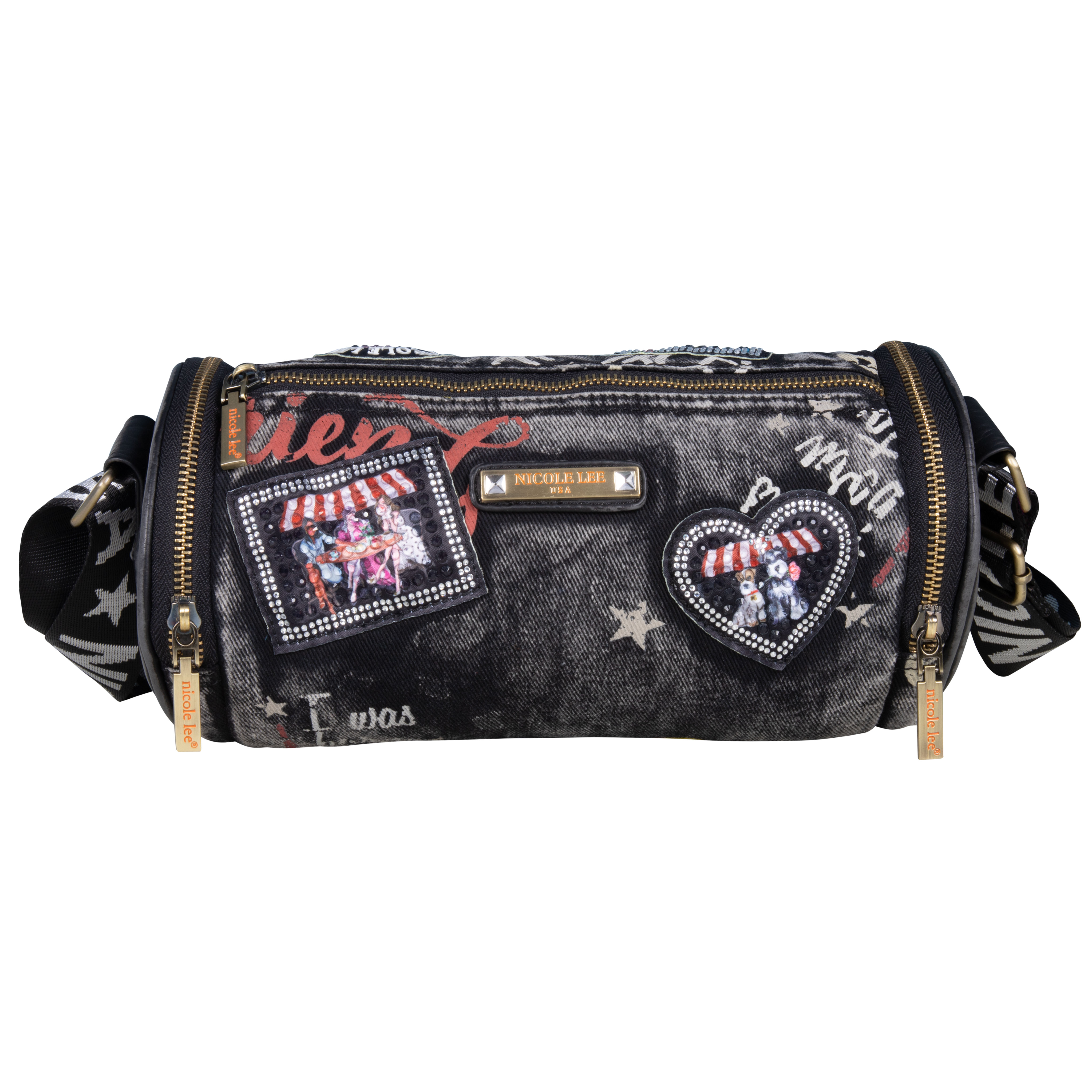 Bolsa Tipo Barril Nicole Lee de Mezclilla Tipo Grafiti Negra