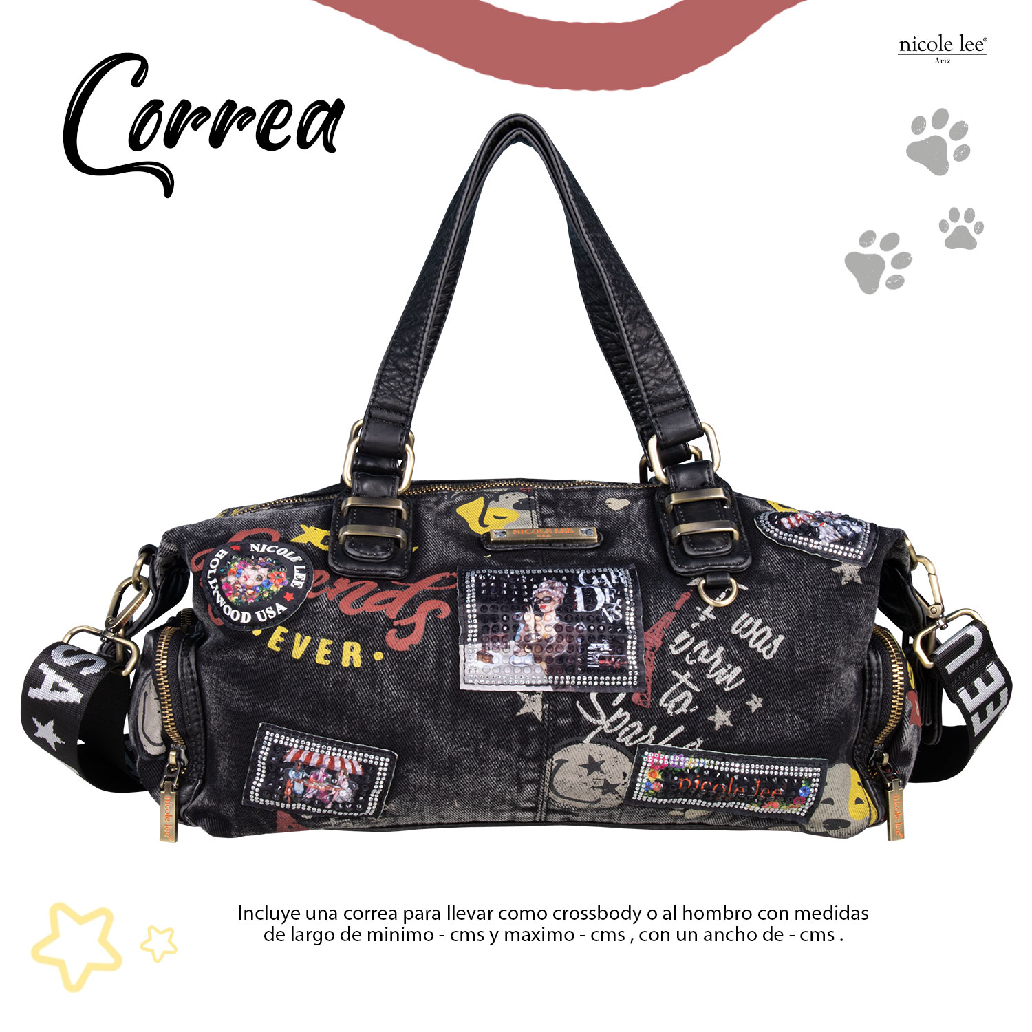 Foto 5 | Bolsa Boston Nicole Lee de Mezclilla Tipo Grafiti Negra