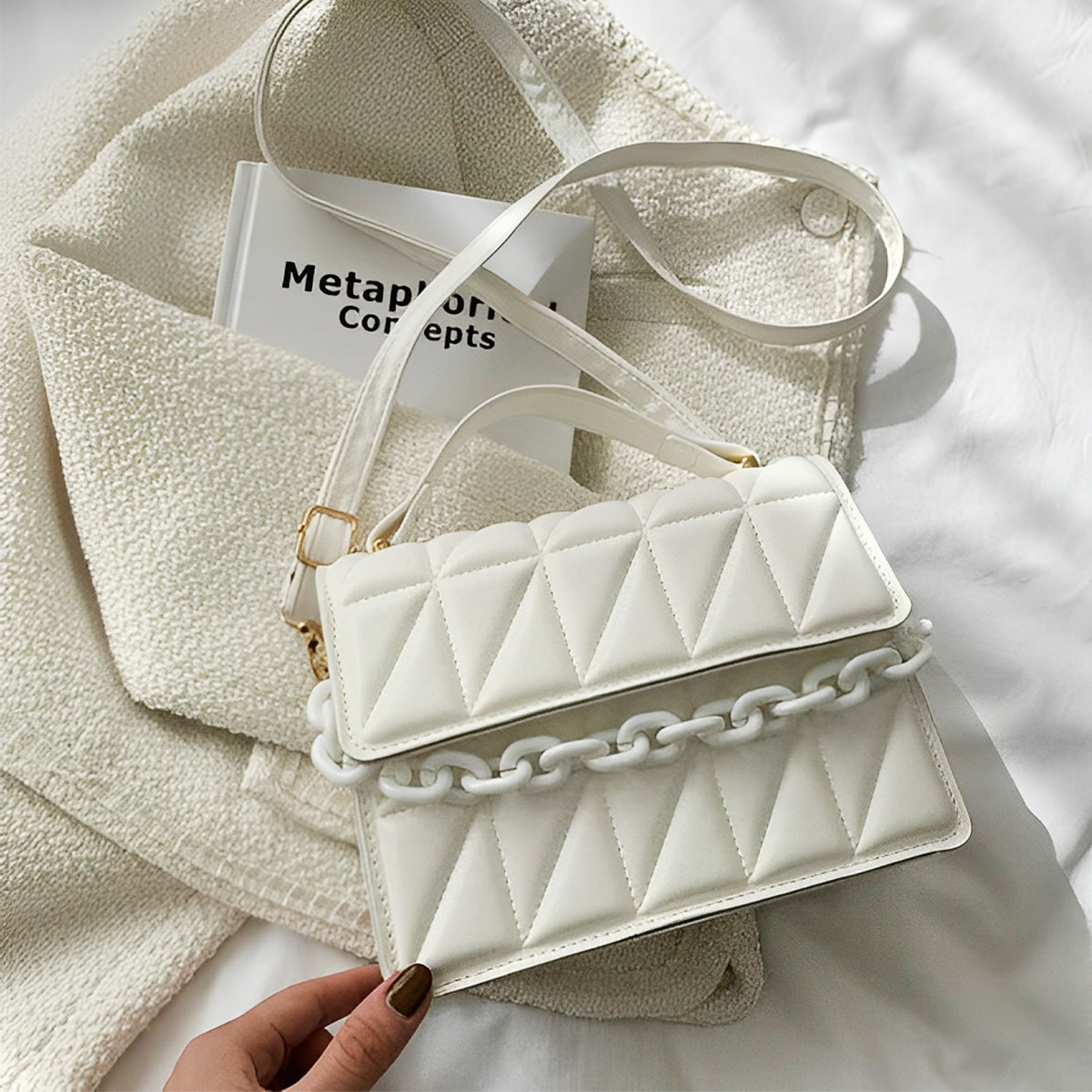 Foto 6 | Bolso Bandolera De Un Hombro Shendy Vendy Con Cadena De Metal Para Mujer Crema