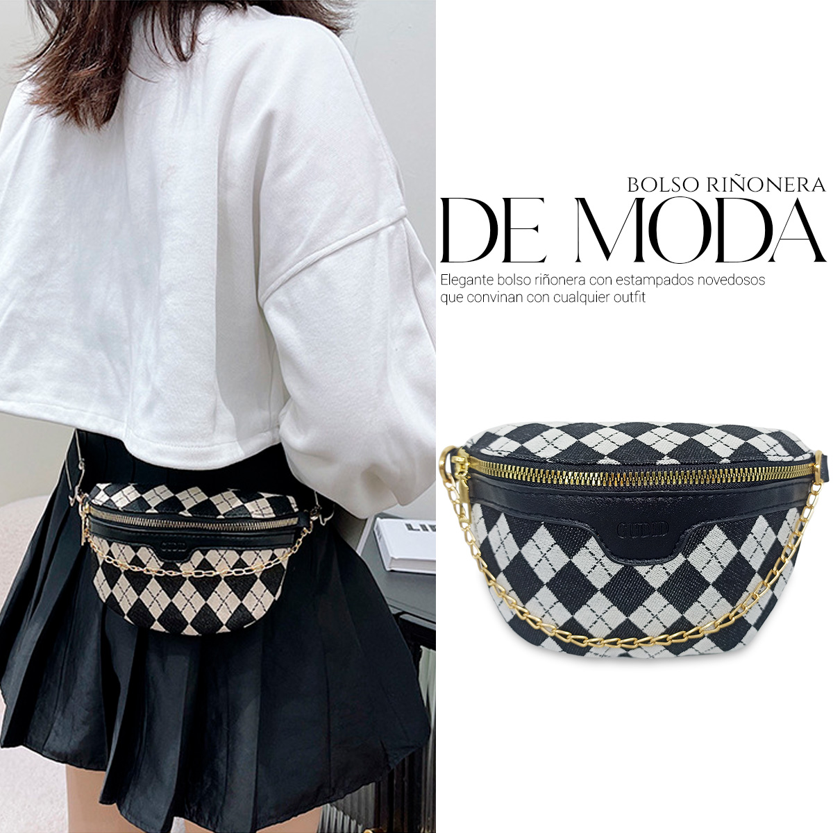 Foto 5 | Bolso Bandolera De Un Hombro Shendy Vendy Con Cadena De Metal Para Mujer Rombo Negro
