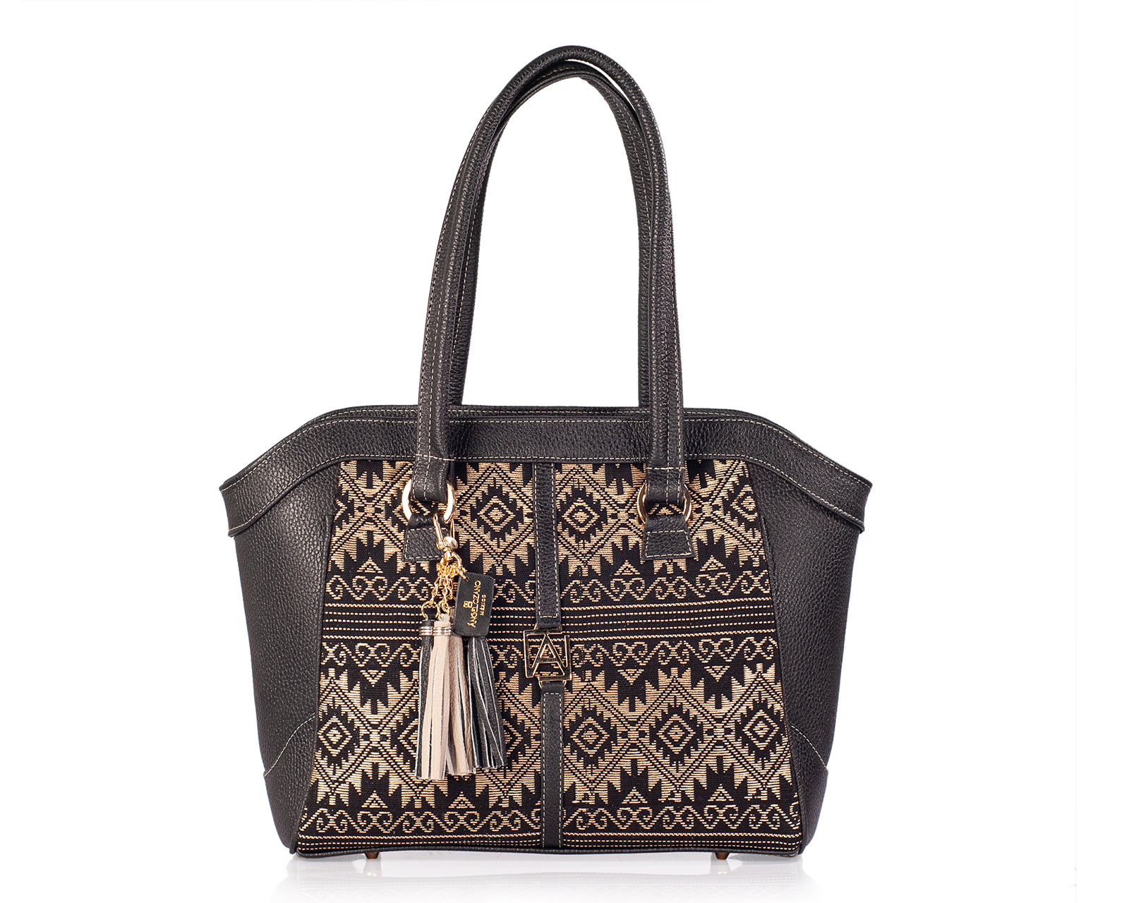 Foto 1 | Bolso A Ángelozano Tipo Tote De Piel Vacuna Con Telar Artesanal De Seda Modelo Maya Color Negro
