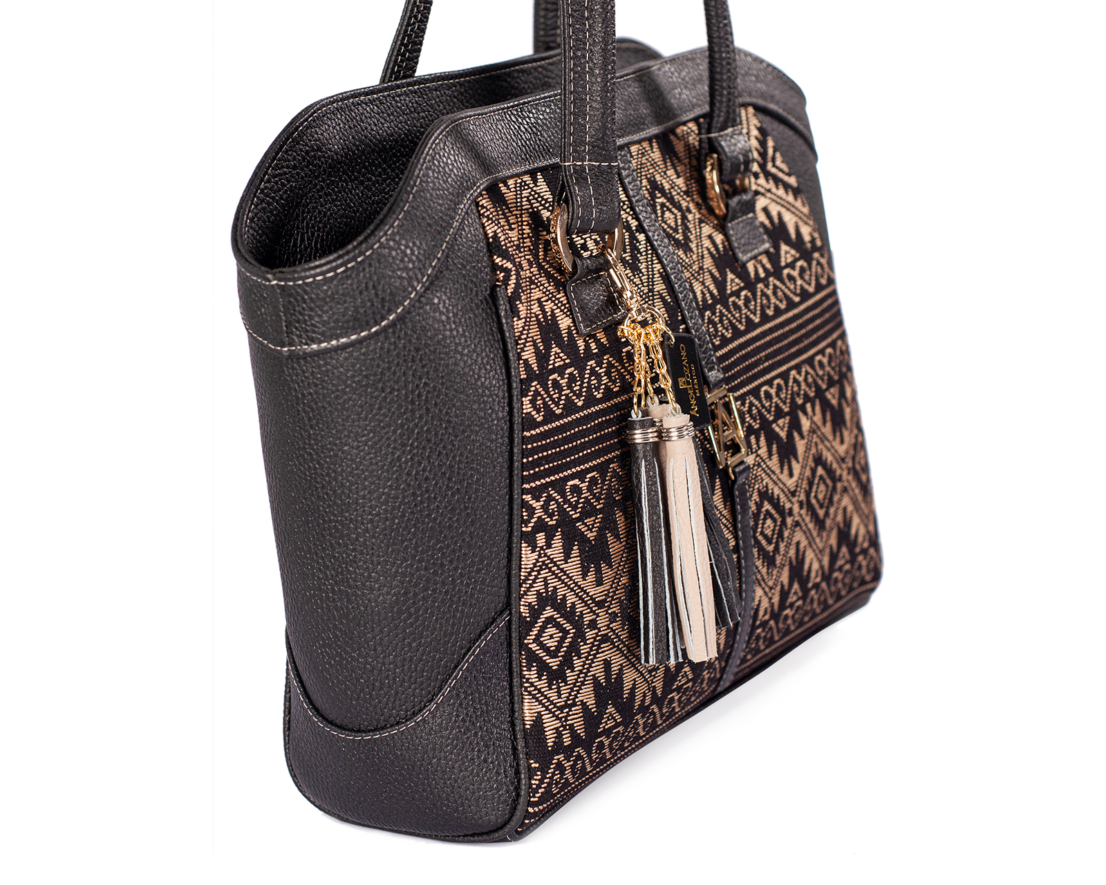Foto 5 pulgar | Bolso A Ángelozano Tipo Tote De Piel Vacuna Con Telar Artesanal De Seda Modelo Maya Color Negro