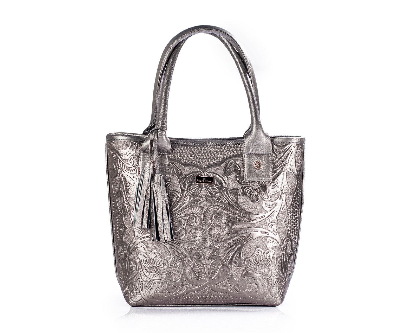 Foto 1 | Bolso A Ángelozano Tipo Tote De Piel Vacuna Con Grabado Tipo Cincelado Modelo Soraya Color Antimonio