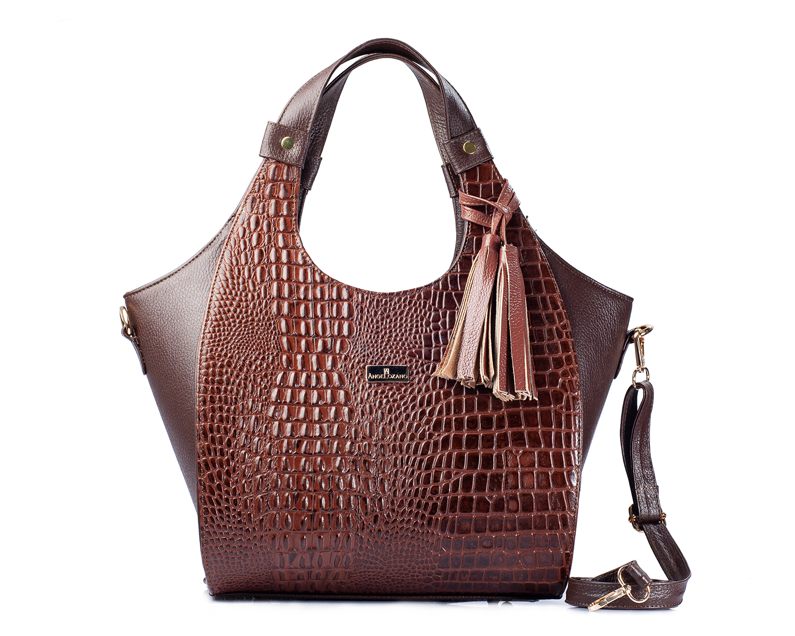 Bolso Tipo Tote A Ángelozano De Piel Vacuna Con Grabada Coco Modelo Elisa, Color Café