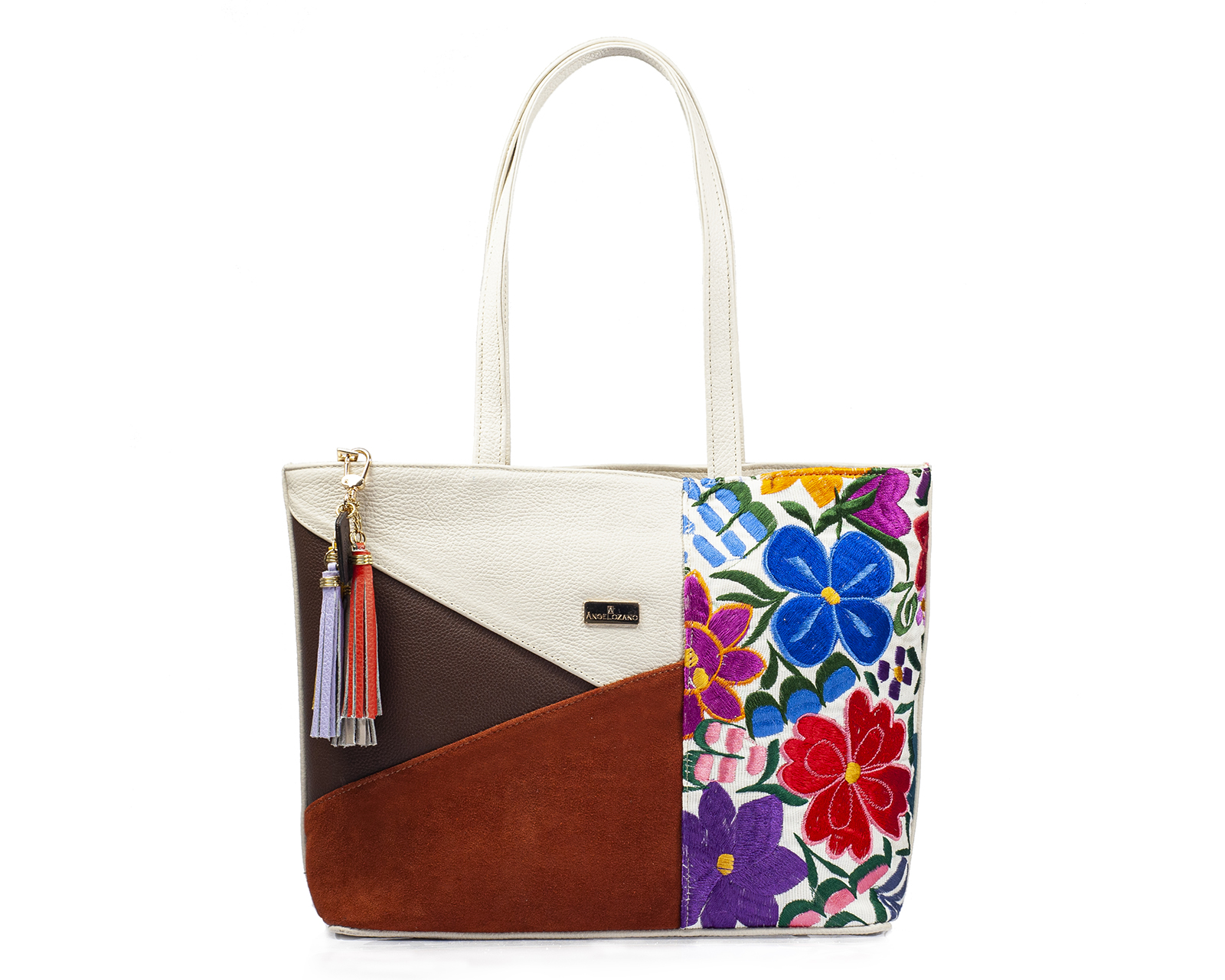 Foto 1 | Bolso Tipo Tote A Ángelozano De Piel Vacuna Con Telar Artesanal Y Gamuza, Modelo Gabriela