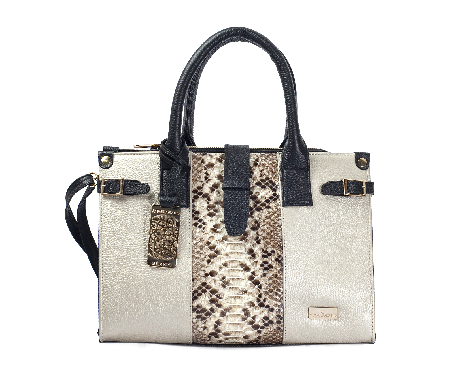 Foto 1 | Bolso Satchel A Ángelozano De Piel Vacuna, Pitón, Color Hueso, Modelo Samantha