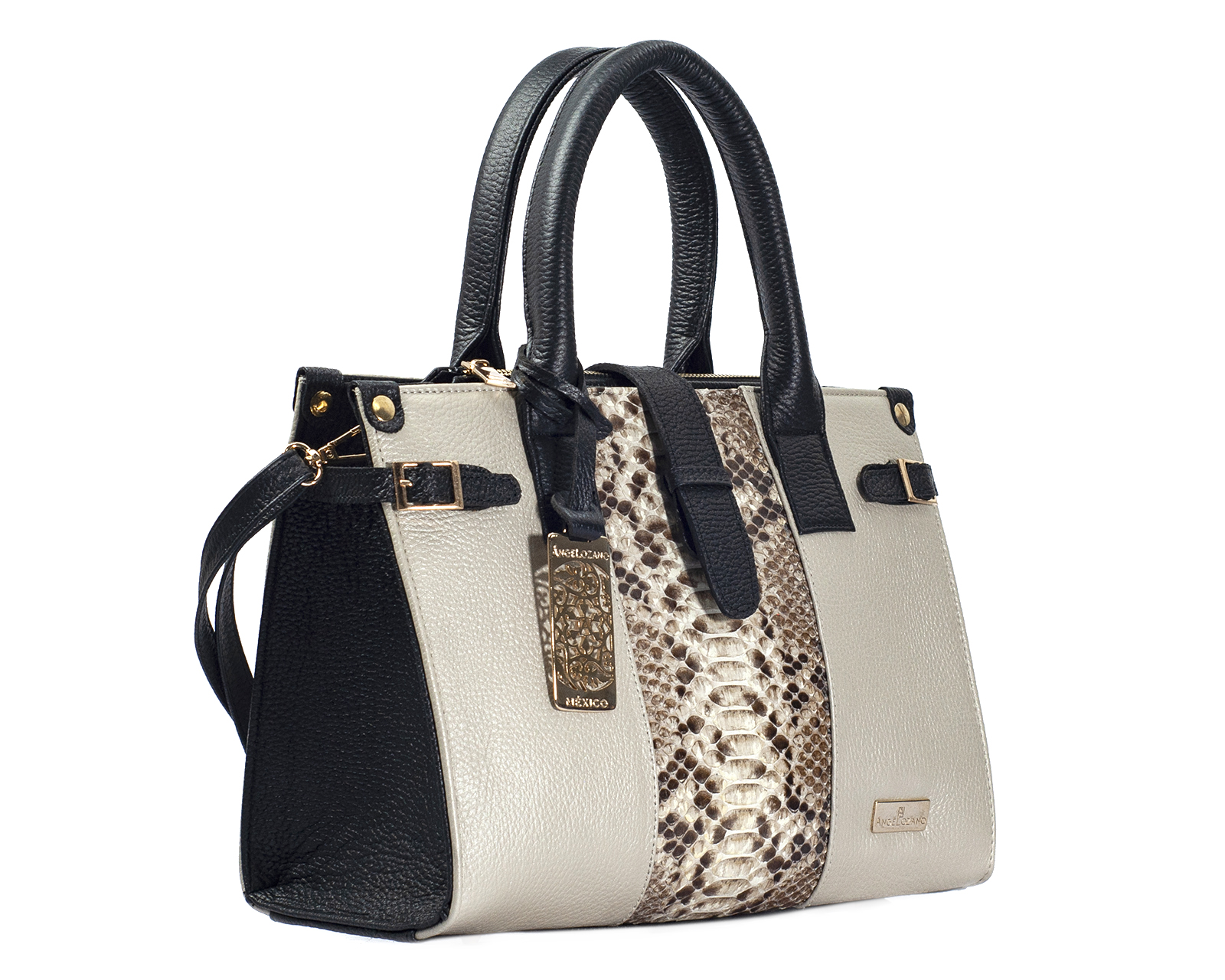 Foto 5 pulgar | Bolso Satchel A Ángelozano De Piel Vacuna, Pitón, Color Hueso, Modelo Samantha