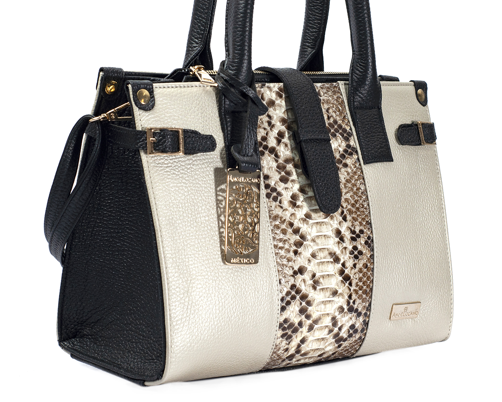Foto 7 | Bolso Satchel A Ángelozano De Piel Vacuna, Pitón, Color Hueso, Modelo Samantha
