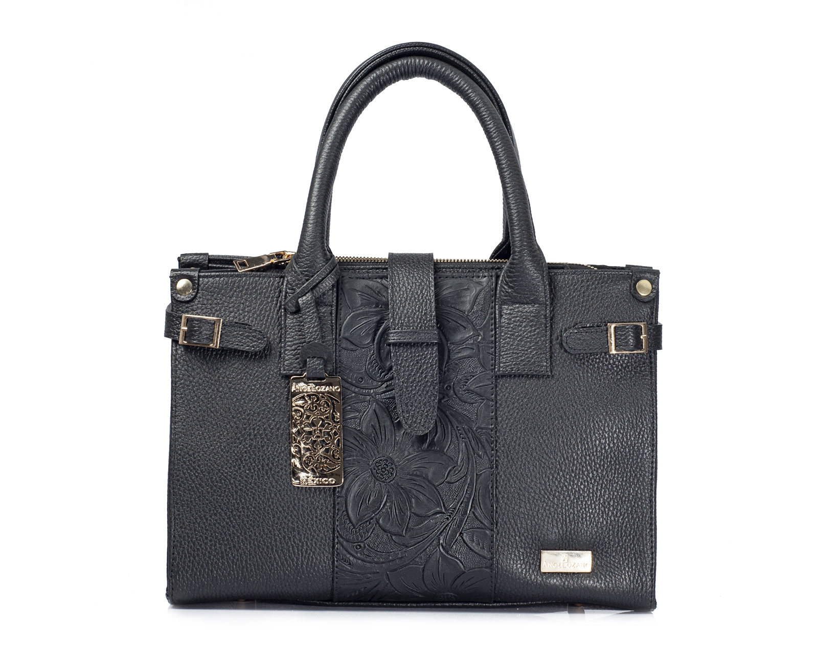 Foto 2 pulgar | Bolso Tipo Satchel A Ángelozano De Piel Vacuna Con Grabado Tipo Cincelado, Color Negro, Modelo Samantha