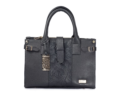 Foto 1 | Bolso Tipo Satchel A Ángelozano De Piel Vacuna Con Grabado Tipo Cincelado, Color Negro, Modelo Samantha