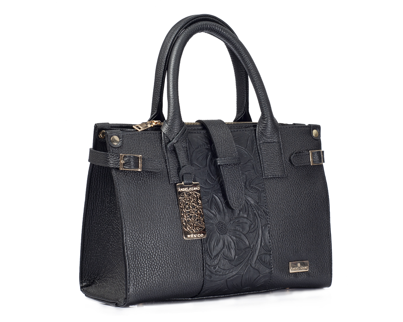 Foto 5 pulgar | Bolso Tipo Satchel A Ángelozano De Piel Vacuna Con Grabado Tipo Cincelado, Color Negro, Modelo Samantha