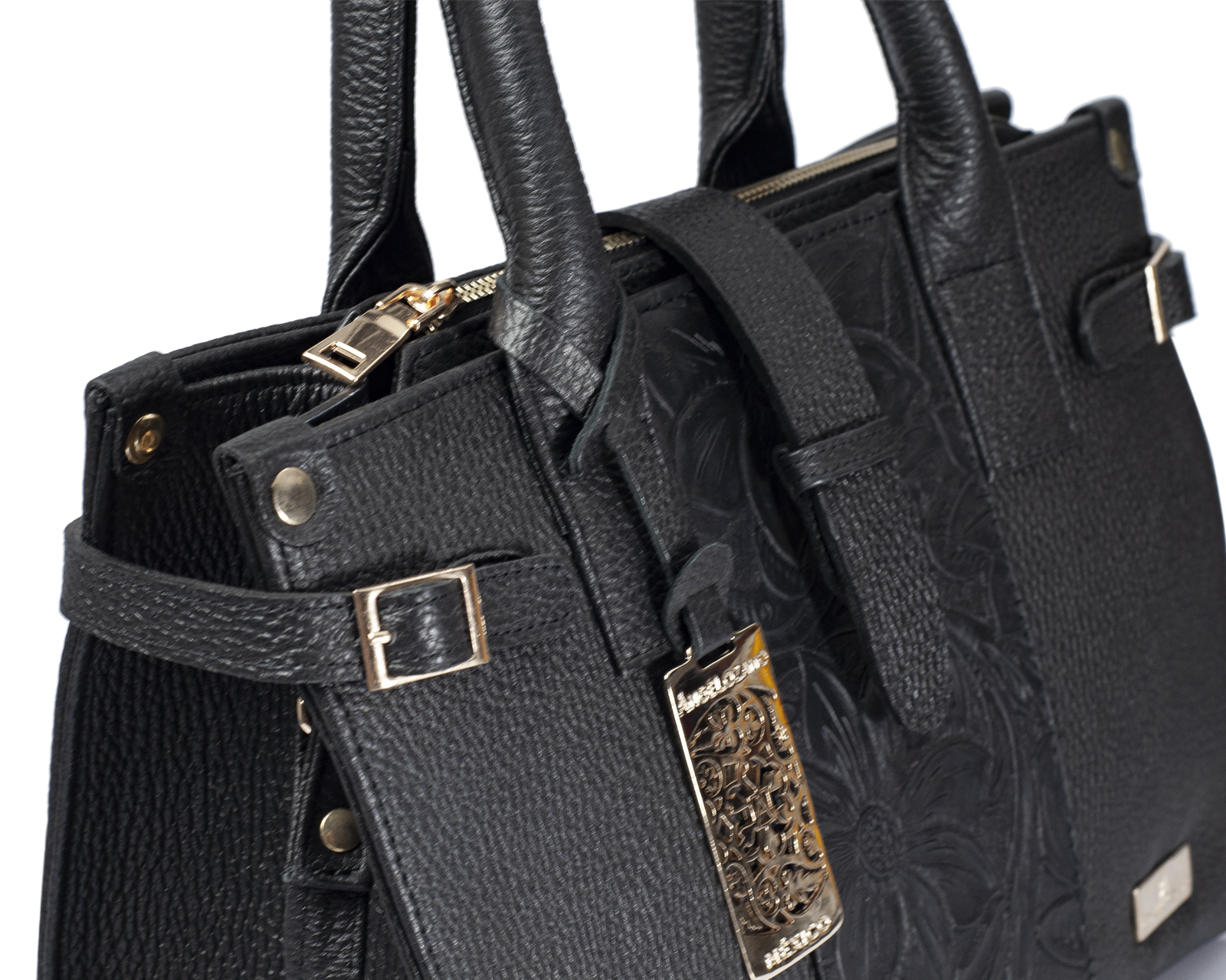 Foto 7 pulgar | Bolso Tipo Satchel A Ángelozano De Piel Vacuna Con Grabado Tipo Cincelado, Color Negro, Modelo Samantha