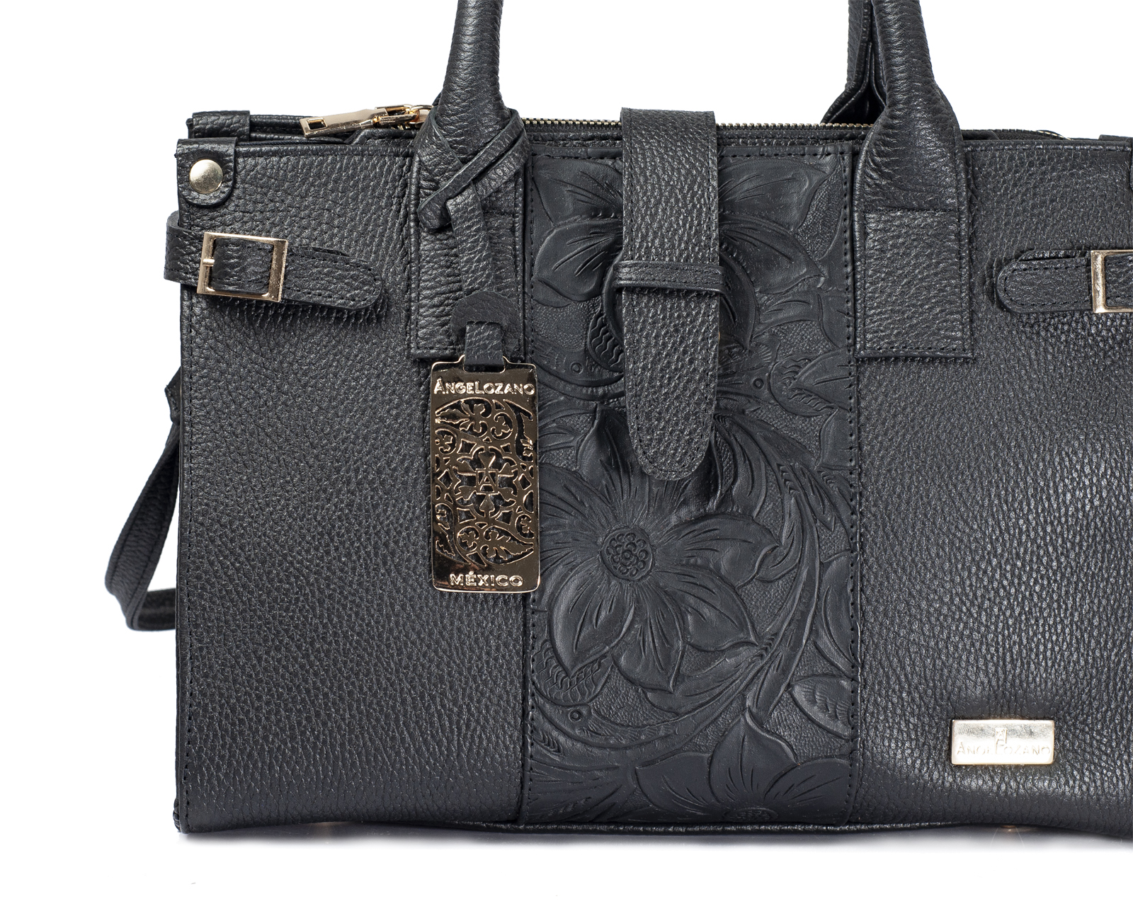Foto 8 pulgar | Bolso Tipo Satchel A Ángelozano De Piel Vacuna Con Grabado Tipo Cincelado, Color Negro, Modelo Samantha