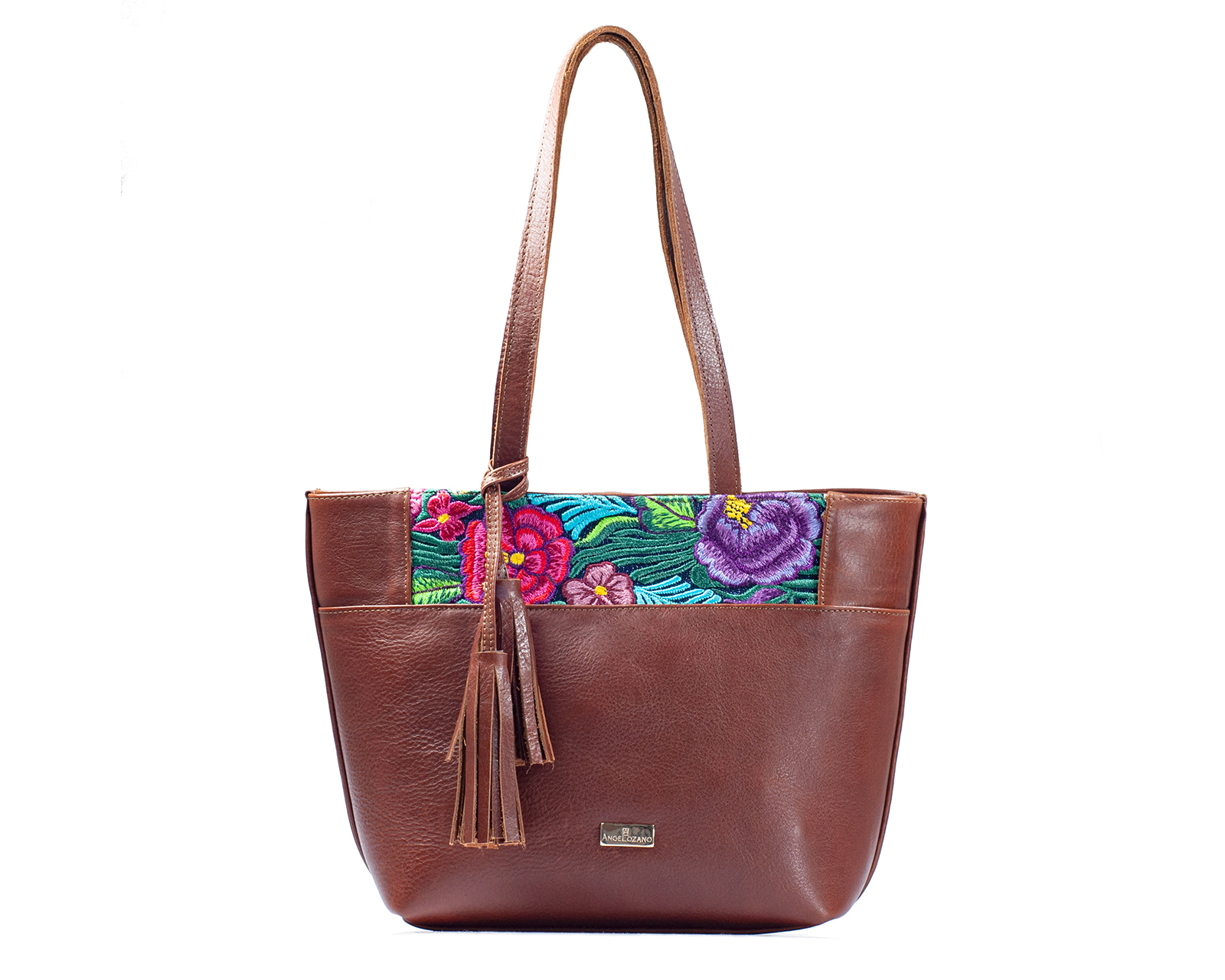 Foto 1 | Bolso Tote A Ángelozano De Piel Vacuna Con Telar De Zinacantán, Color Café, Modelo Soraya