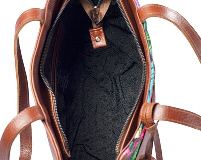 Foto 4 | Bolso Tote A Ángelozano De Piel Vacuna Con Telar De Zinacantán, Color Café, Modelo Soraya