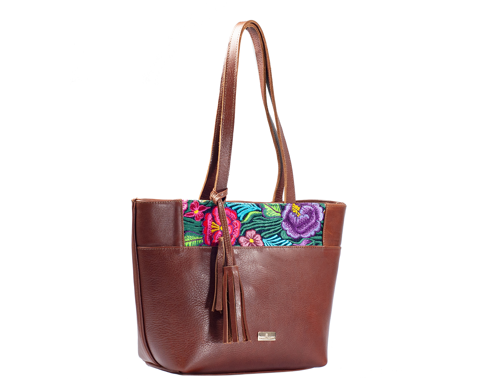 Foto 7 pulgar | Bolso Tote A Ángelozano De Piel Vacuna Con Telar De Zinacantán, Color Café, Modelo Soraya
