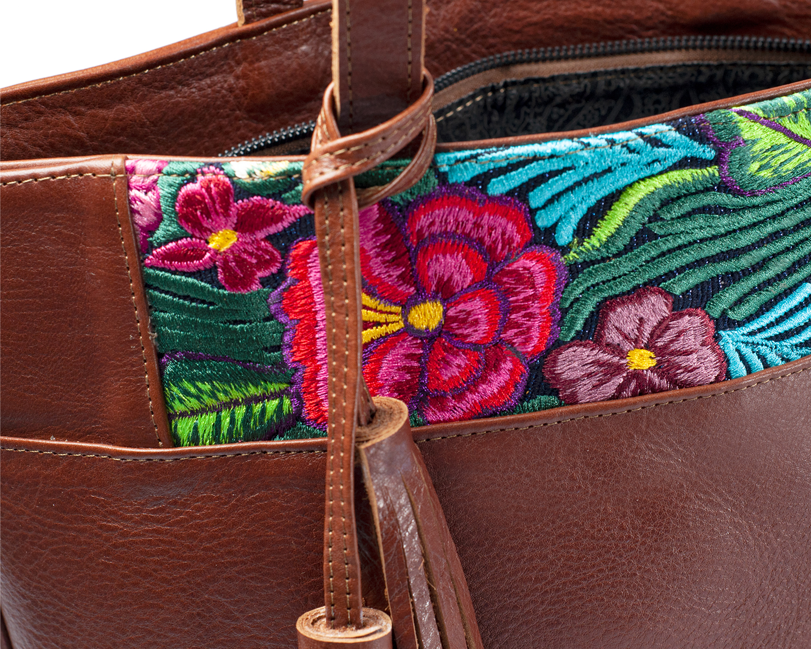 Foto 9 pulgar | Bolso Tote A Ángelozano De Piel Vacuna Con Telar De Zinacantán, Color Café, Modelo Soraya
