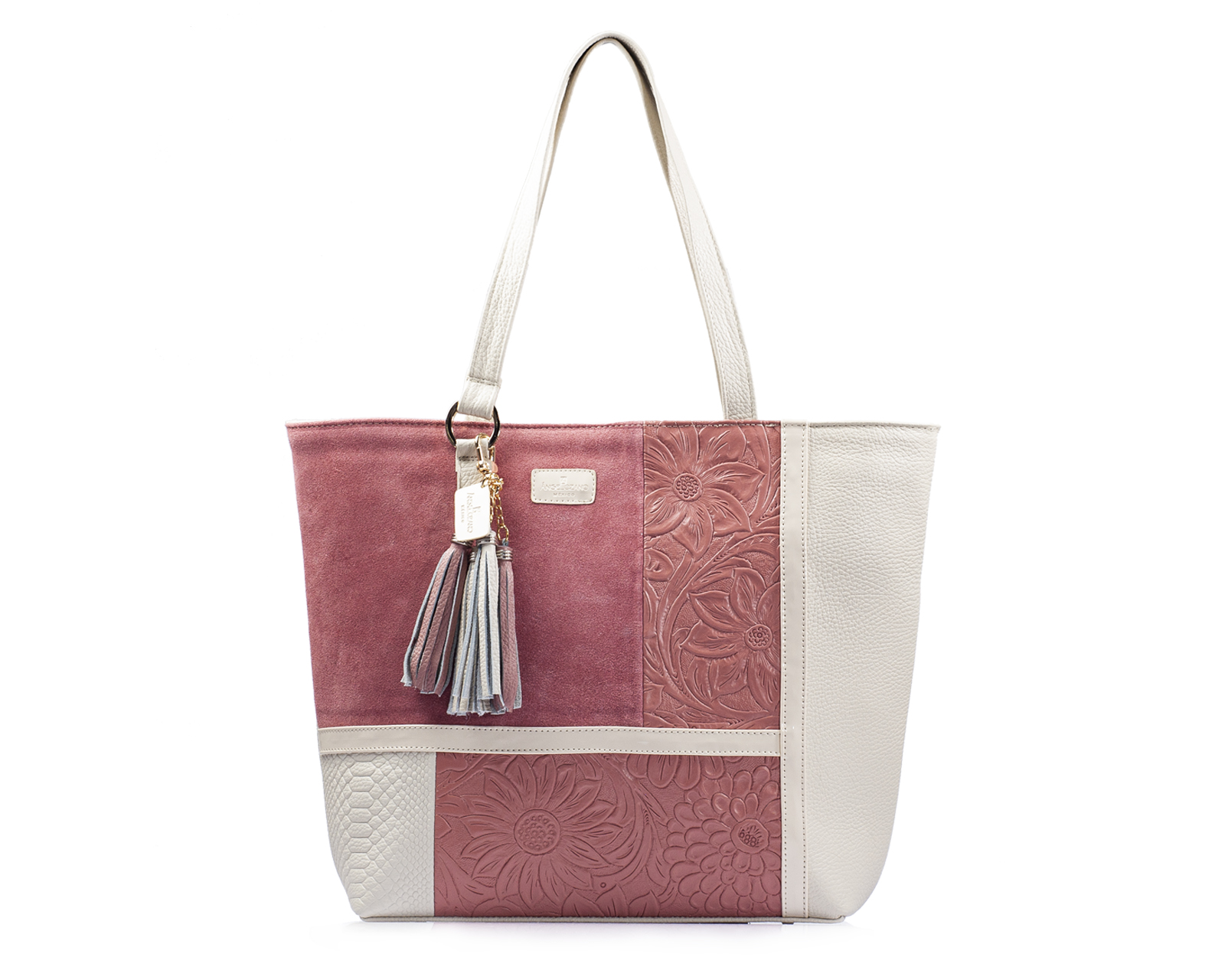 Bolso Tote A Ángelozano De Piel Vacuna Con Grabado Tipo Cincelado, Color Hueso, Modelo Victoria
