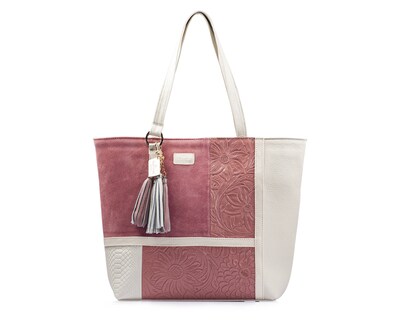 Foto 1 | Bolso Tote A Ángelozano De Piel Vacuna Con Grabado Tipo Cincelado, Color Hueso, Modelo Victoria