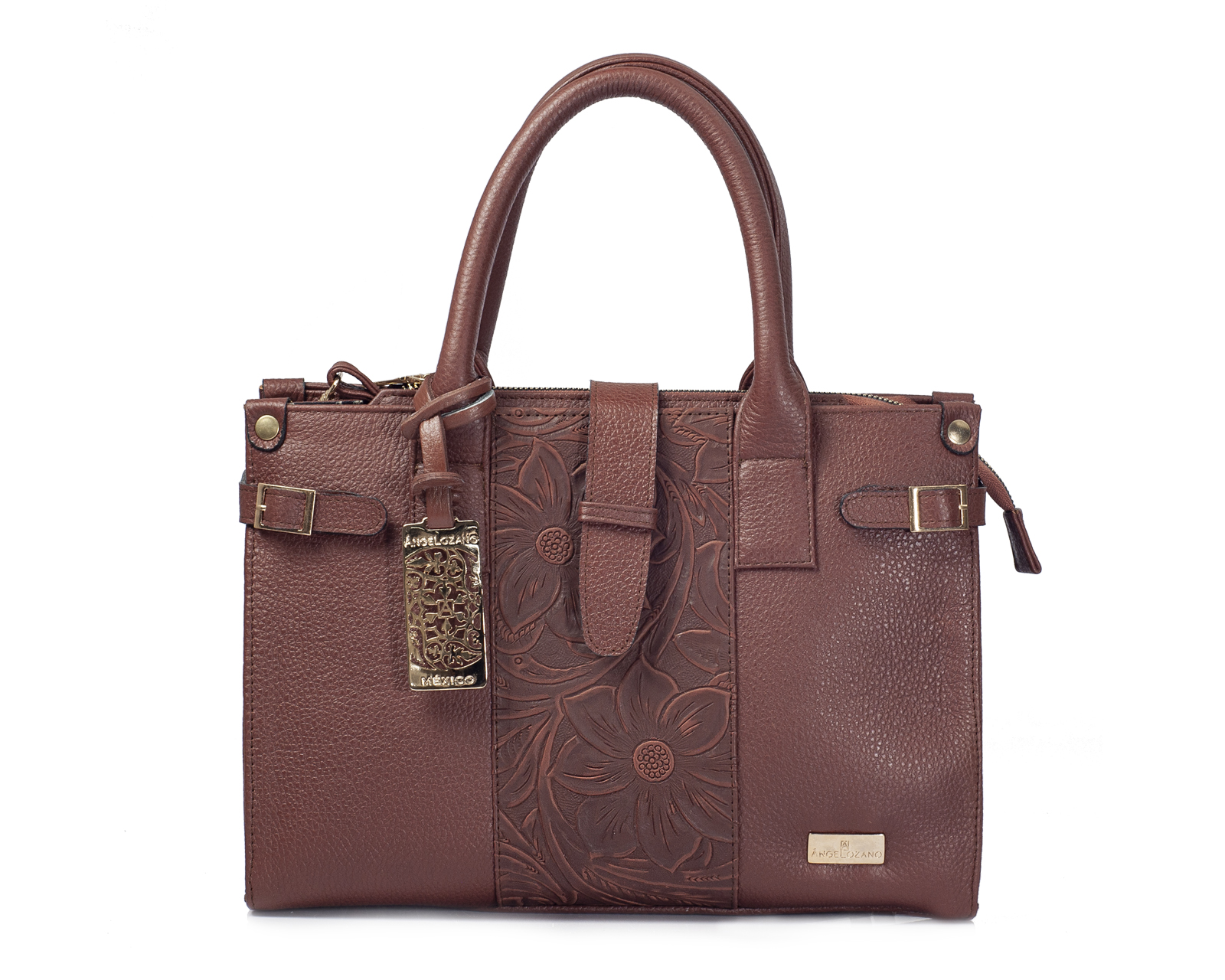Foto 1 | Bolso Satchel A Ángelozano De Piel Vacuna Con Grabado Tipo Cincelado, Color Café, Modelo Samantha