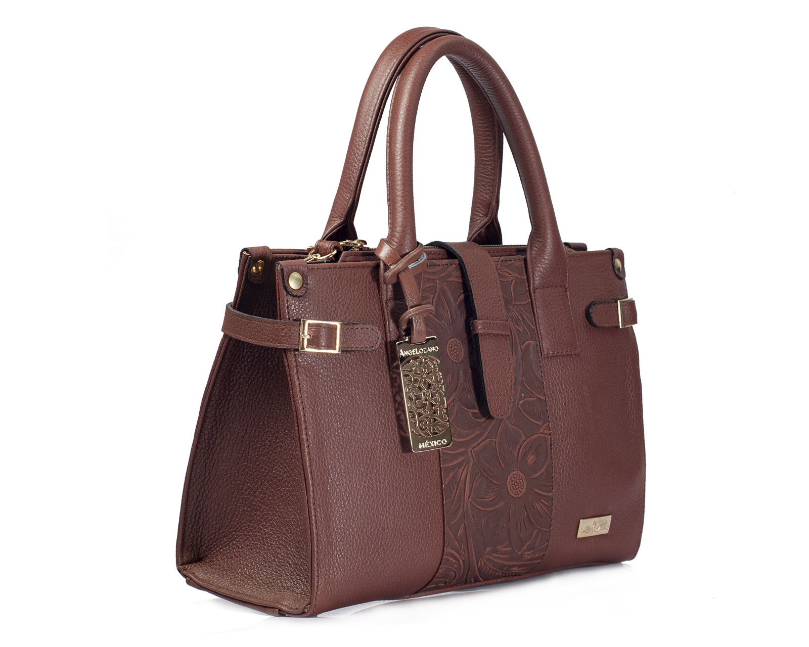 Foto 6 pulgar | Bolso Satchel A Ángelozano De Piel Vacuna Con Grabado Tipo Cincelado, Color Café, Modelo Samantha