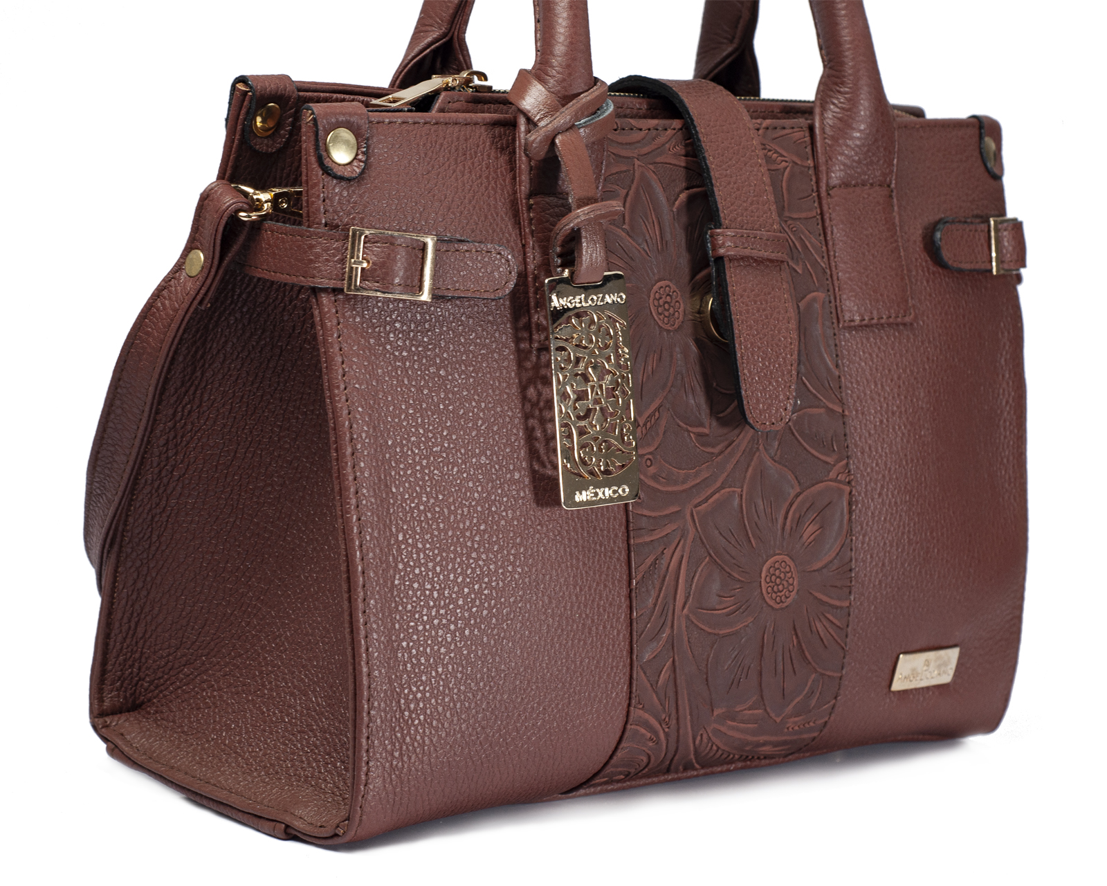 Foto 7 pulgar | Bolso Satchel A Ángelozano De Piel Vacuna Con Grabado Tipo Cincelado, Color Café, Modelo Samantha