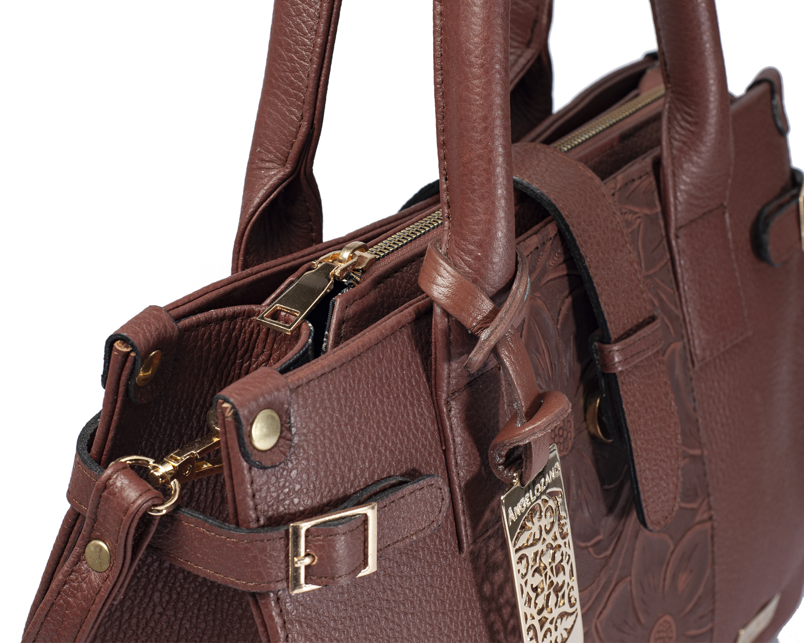 Foto 9 pulgar | Bolso Satchel A Ángelozano De Piel Vacuna Con Grabado Tipo Cincelado, Color Café, Modelo Samantha