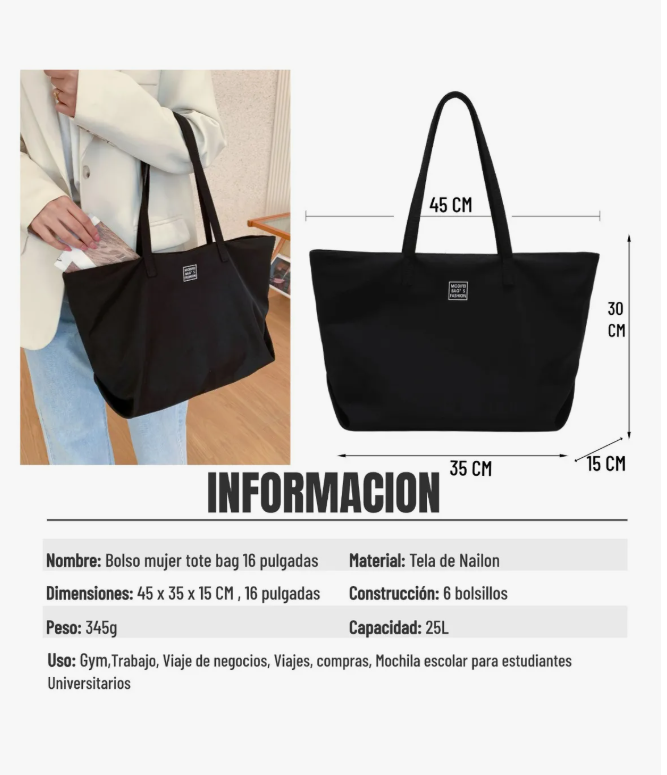 Foto 3 pulgar | Bolso Xtellar Mochila Mujer Tote Bag De Impermeable, Bolsa Negra Mujer Con Gran Capacidad, 7 Bolsillos, Laptop 16in