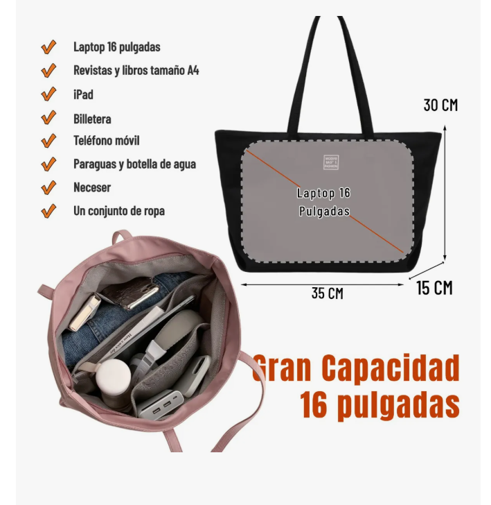 Foto 6 pulgar | Bolso Xtellar Mochila Mujer Tote Bag De Impermeable, Bolsa Negra Mujer Con Gran Capacidad, 7 Bolsillos, Laptop 16in