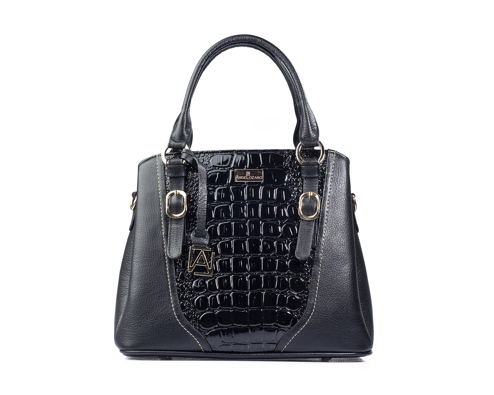 Foto 2 pulgar | Bolso Satchel A Ángelozano De Piel Vacuna Con Charol Grabado Tipo Cocodrilo, Color Negro, Modelo Lourdes