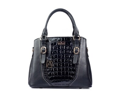 Foto 1 | Bolso Satchel A Ángelozano De Piel Vacuna Con Charol Grabado Tipo Cocodrilo, Color Negro, Modelo Lourdes