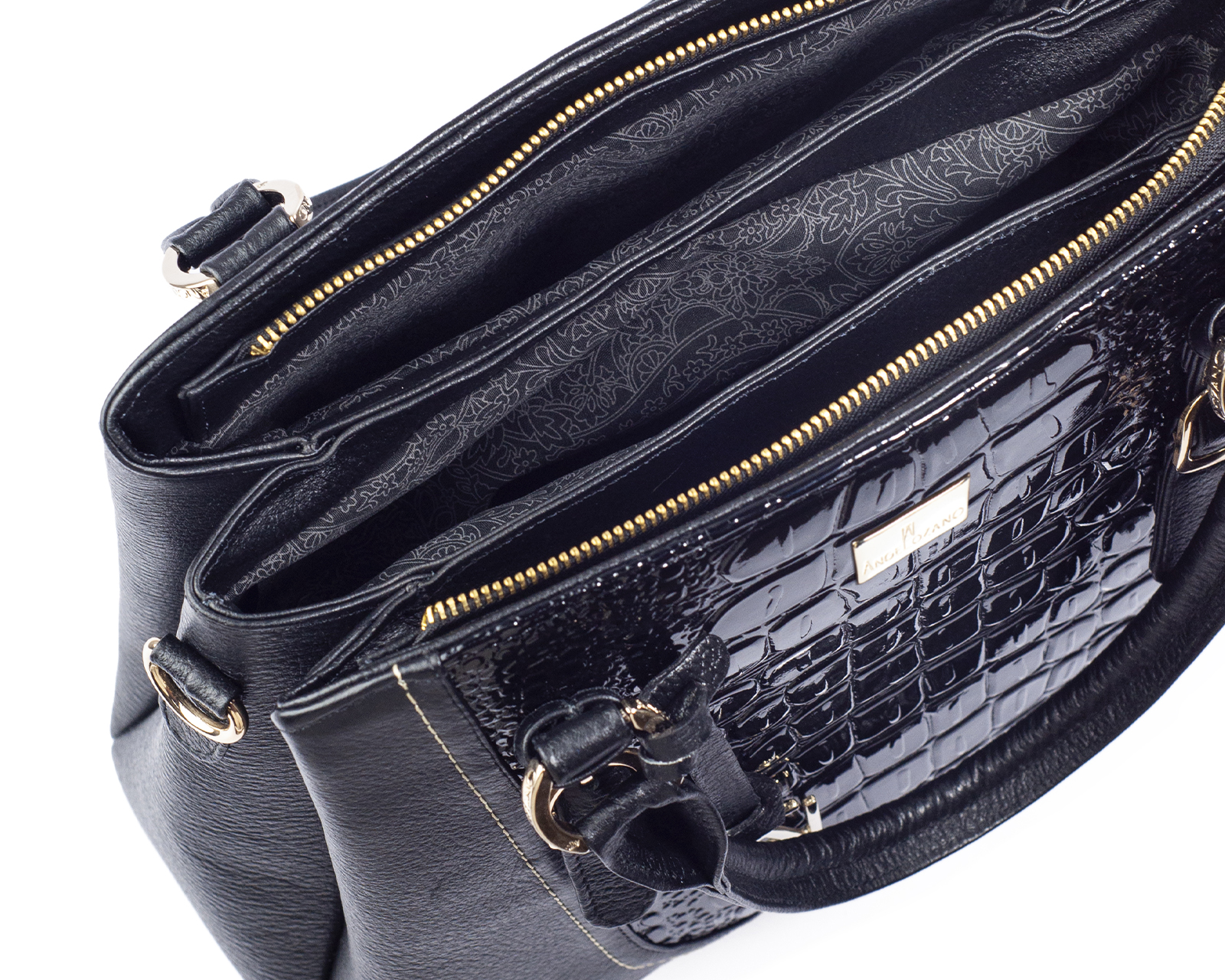 Foto 4 pulgar | Bolso Satchel A Ángelozano De Piel Vacuna Con Charol Grabado Tipo Cocodrilo, Color Negro, Modelo Lourdes