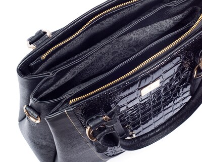 Foto 3 | Bolso Satchel A Ángelozano De Piel Vacuna Con Charol Grabado Tipo Cocodrilo, Color Negro, Modelo Lourdes