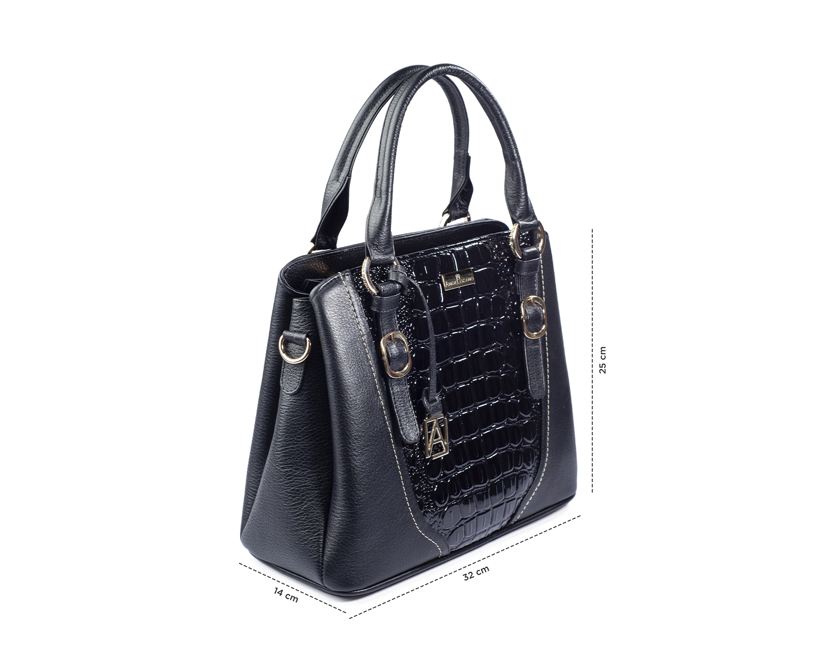 Foto 5 pulgar | Bolso Satchel A Ángelozano De Piel Vacuna Con Charol Grabado Tipo Cocodrilo, Color Negro, Modelo Lourdes