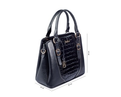 Foto 4 | Bolso Satchel A Ángelozano De Piel Vacuna Con Charol Grabado Tipo Cocodrilo, Color Negro, Modelo Lourdes
