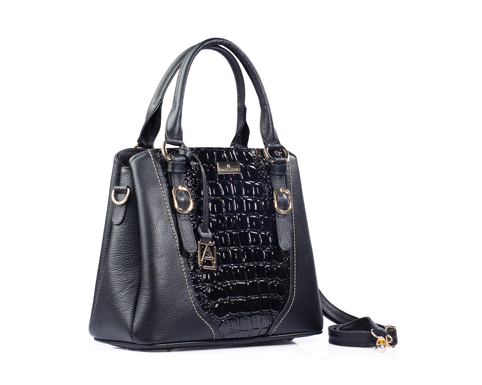 Foto 6 pulgar | Bolso Satchel A Ángelozano De Piel Vacuna Con Charol Grabado Tipo Cocodrilo, Color Negro, Modelo Lourdes