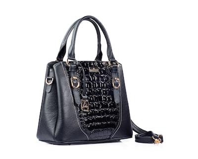 Foto 5 | Bolso Satchel A Ángelozano De Piel Vacuna Con Charol Grabado Tipo Cocodrilo, Color Negro, Modelo Lourdes