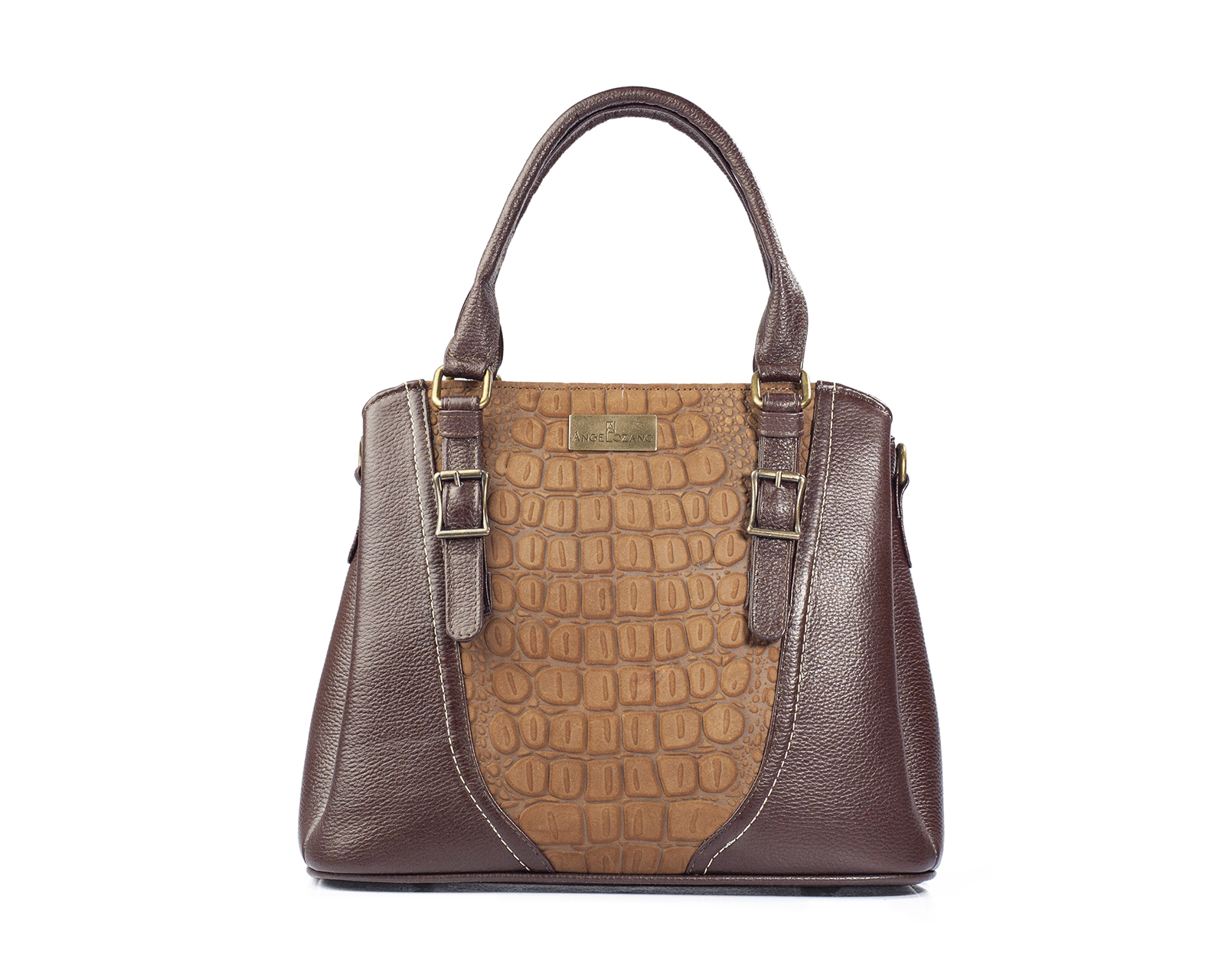 Foto 1 | Bolso Satchel A Ángelozano De Piel Vacuna Con Charol Grabado Tipo Cocodrilo, Color Café, Modelo Lourdes