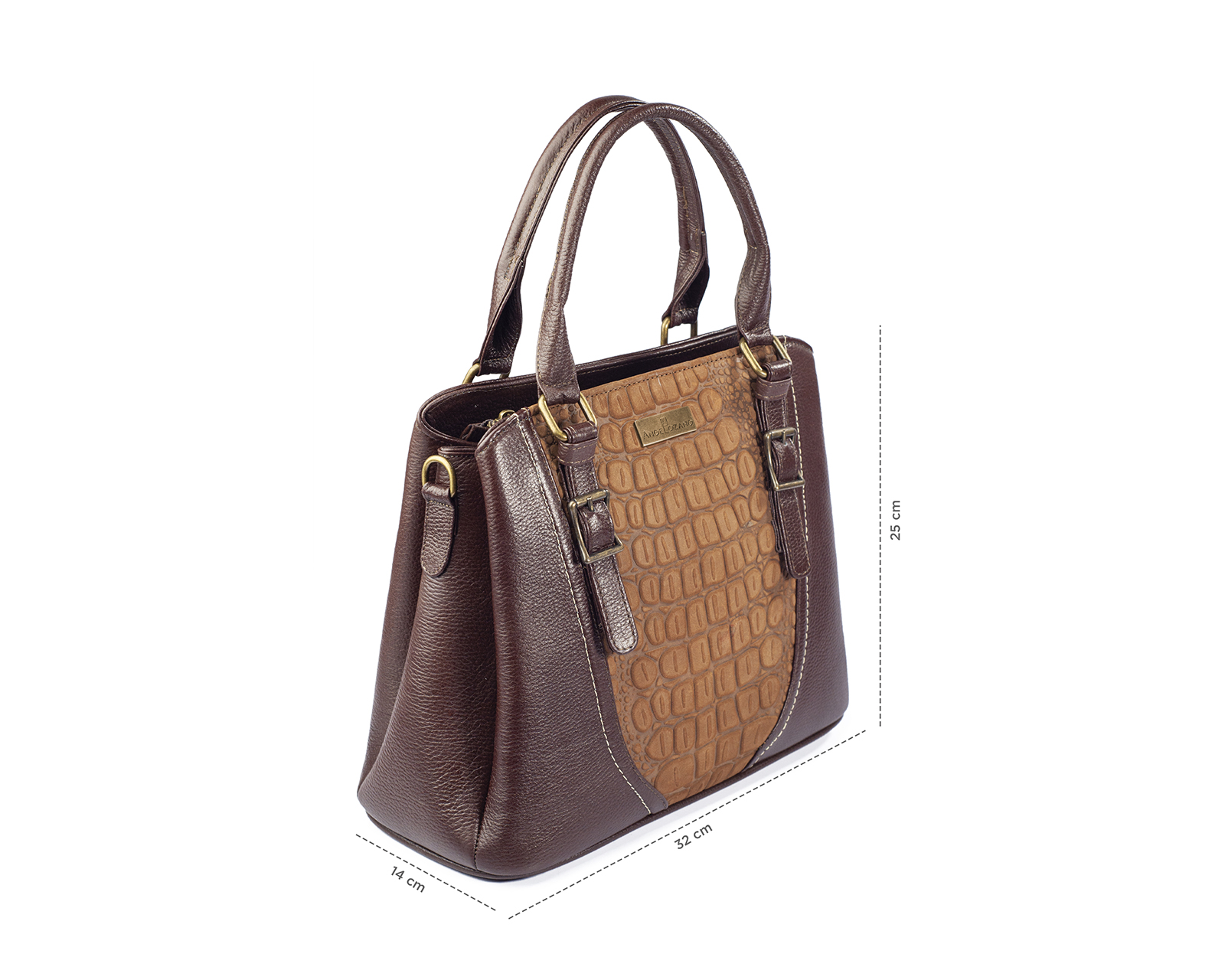 Foto 3 | Bolso Satchel A Ángelozano De Piel Vacuna Con Charol Grabado Tipo Cocodrilo, Color Café, Modelo Lourdes