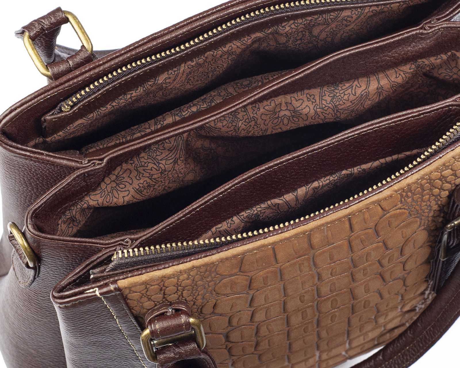 Foto 4 | Bolso Satchel A Ángelozano De Piel Vacuna Con Charol Grabado Tipo Cocodrilo, Color Café, Modelo Lourdes